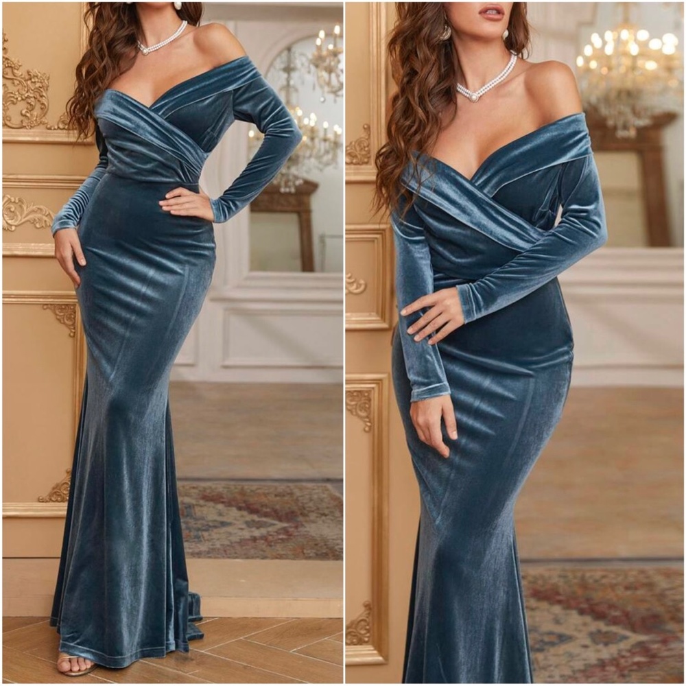 Luxe Velvet Off Shoulder formal party evening wedding prom dress - Picture 10 of 10